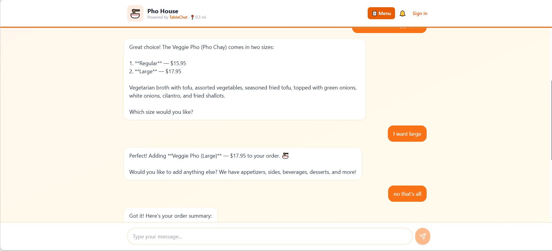 TableChat conversational ordering experience